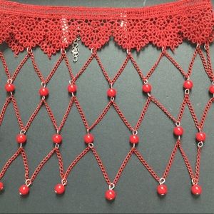 Red gothic styled lace choker with beads.